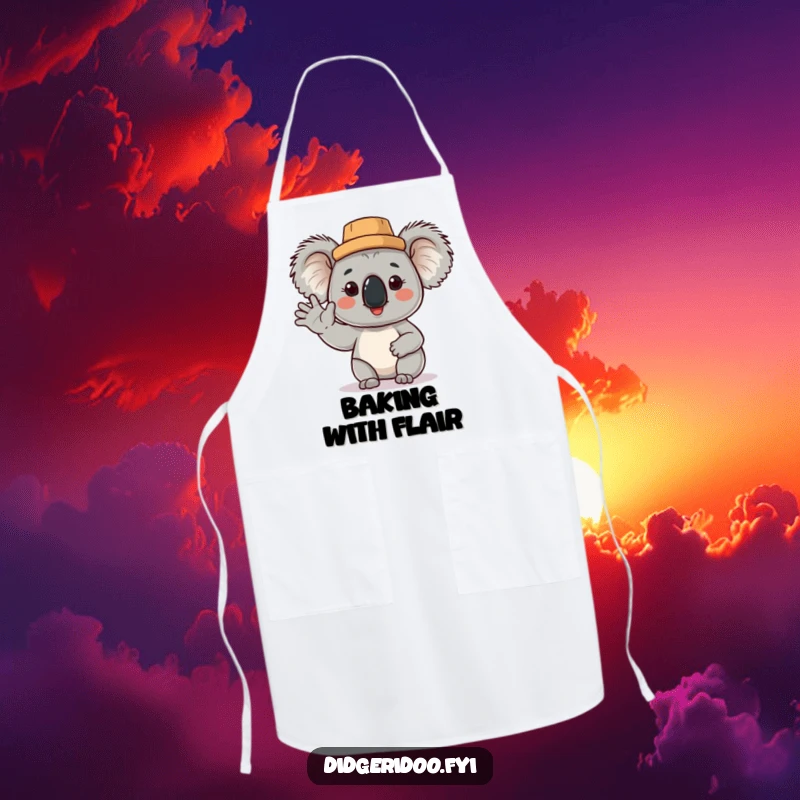 Funny Koala Apron: a proud koala in a cork hat, cheerfully waving, ideal for kitchen fun and protecting clothes with humor.