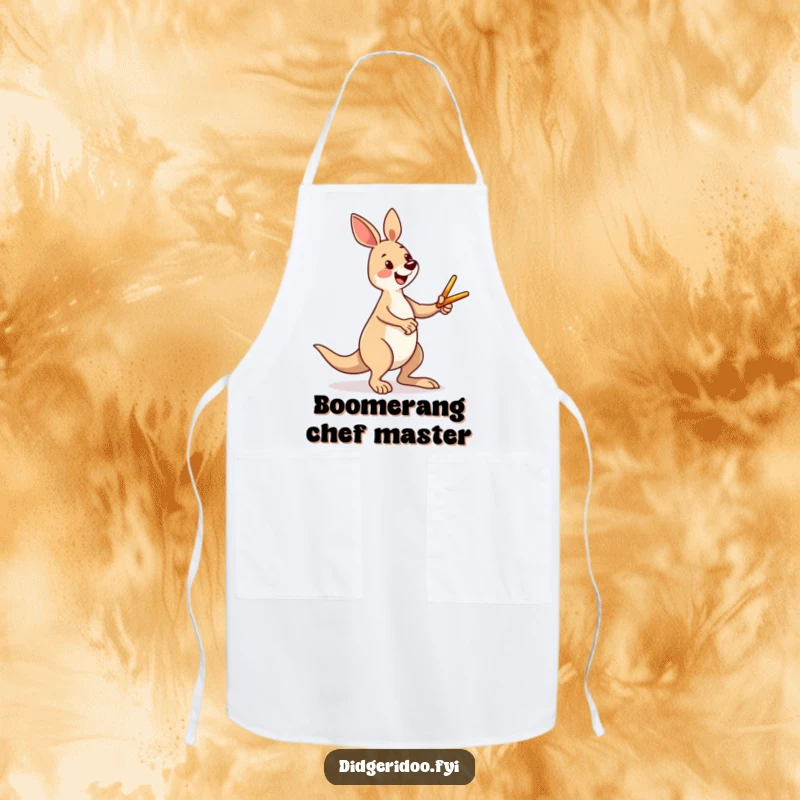 Funny kangaroo apron featuring a happy character enthusiastically kicking a miniature boomerang, adding humorous Aussie energy to kitchen activities.