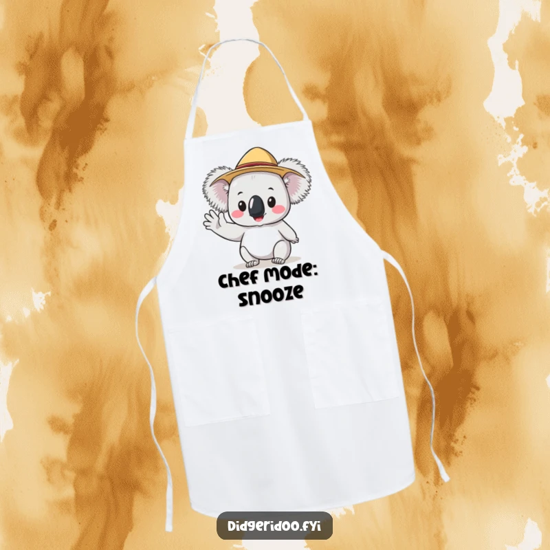 Funny Koala Apron with a tiny Akubra hat waving hello, ideal for humorous and stylish cooking or baking.
