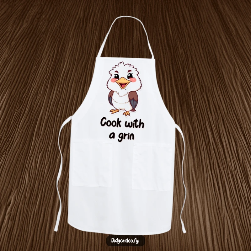 Funny kookaburra apron showing a grinning character with a wide, cheerful beak, radiating infectious laughter in the kitchen.