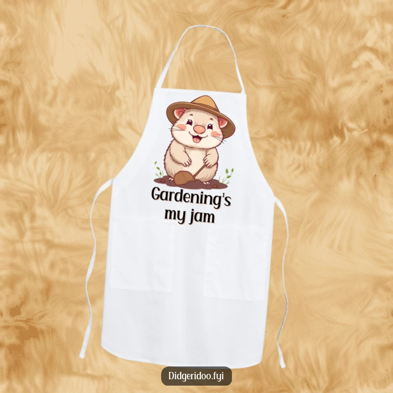 Funny apron showing a cheerful wombat wearing a gardening hat, happily digging, adding humor to kitchen or garden tasks.