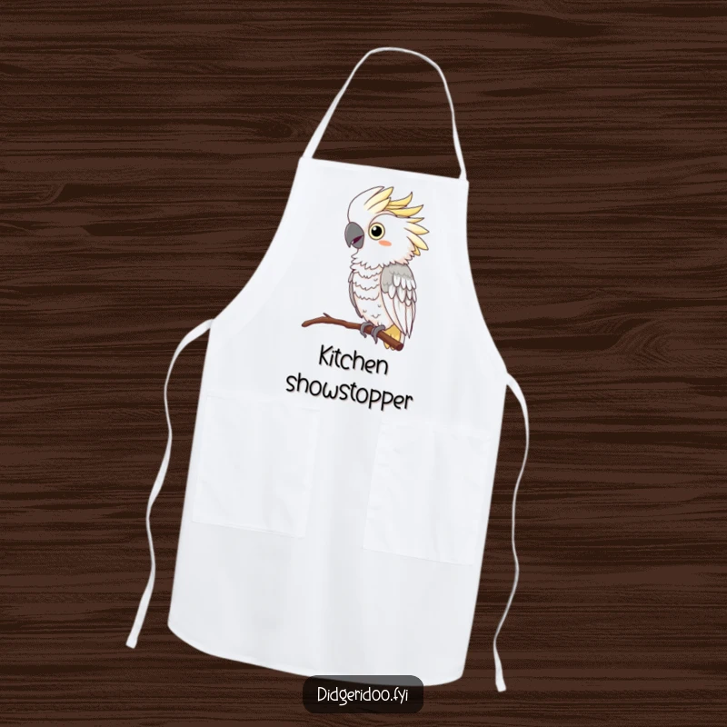 Funny Cockatoo Apron: A curious cockatoo in a vibrant feather boa perches and squawks, adding humorous flair to kitchen tasks.