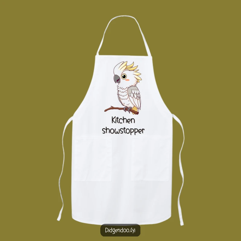 Funny Cockatoo Squawking Apron: Kitchen apron with a curious cockatoo feather boa squawking, a theatrical funny gift.