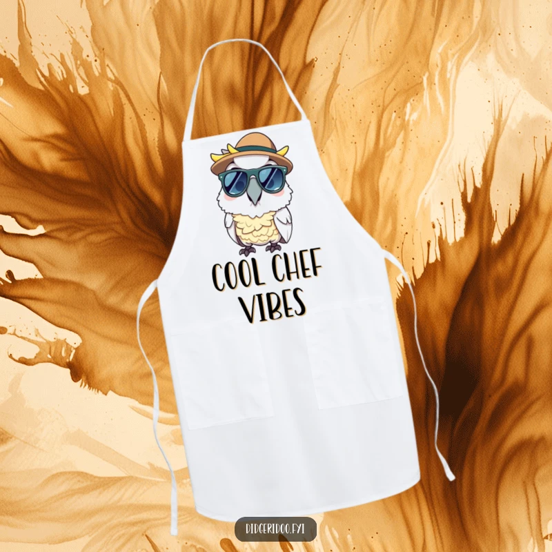 Funny cheerful cockatoo wearing sunglasses and an Akubra hat, on a cooking apron, adding cool style to the kitchen.