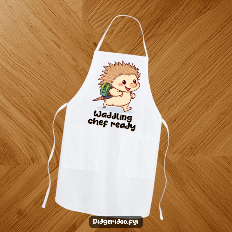 Funny Echidna Apron: A happy echidna carrying a backpack waddles with determination, a humorous and functional accessory for the kitchen.