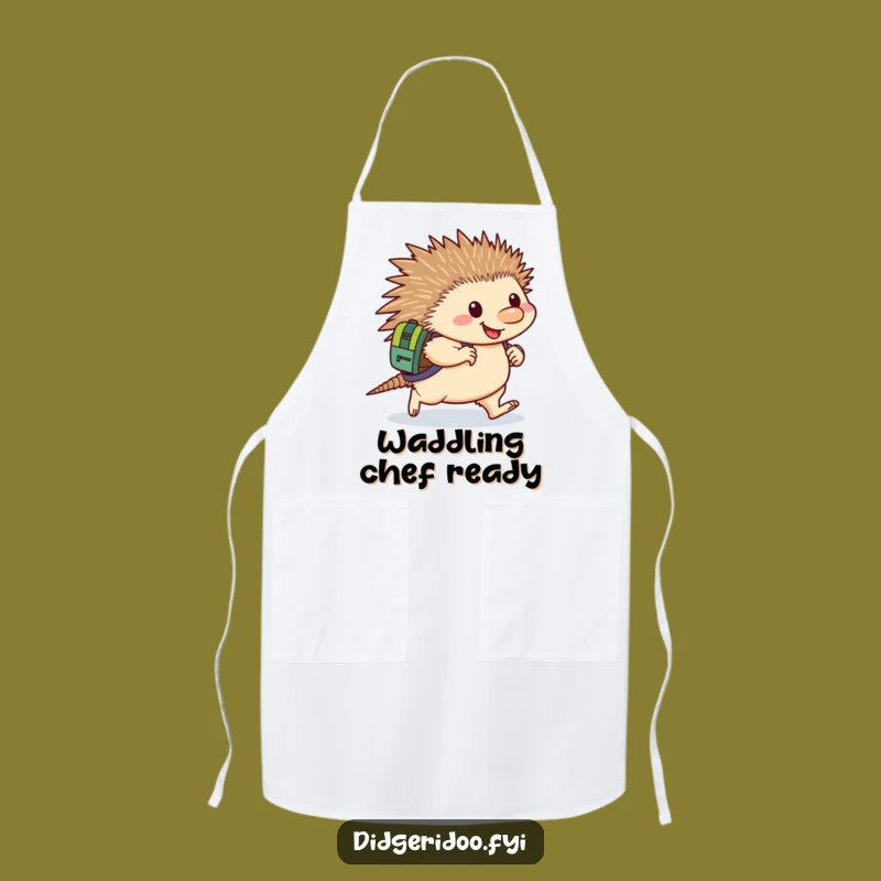 Funny Echidna Determined Apron: Kitchen apron with a happy echidna backpack waddling, a functional funny gift.