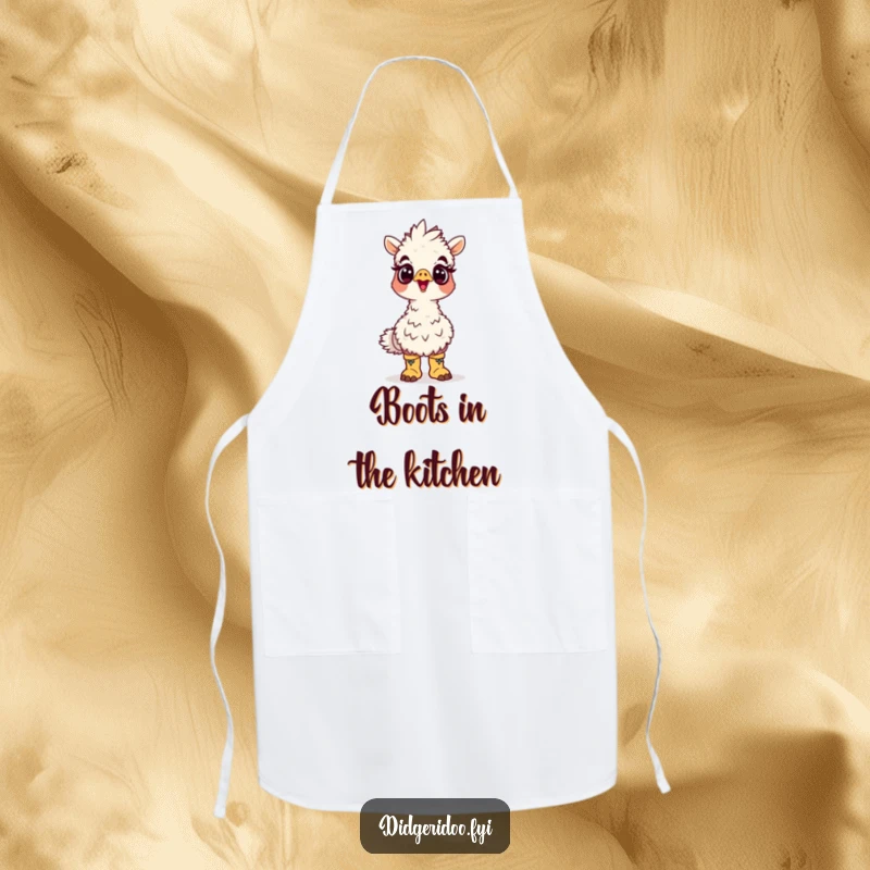 Funny emu boots apron featuring a surprised cartoon emu wearing tiny boots looking up, a humorous kitchen accessory.