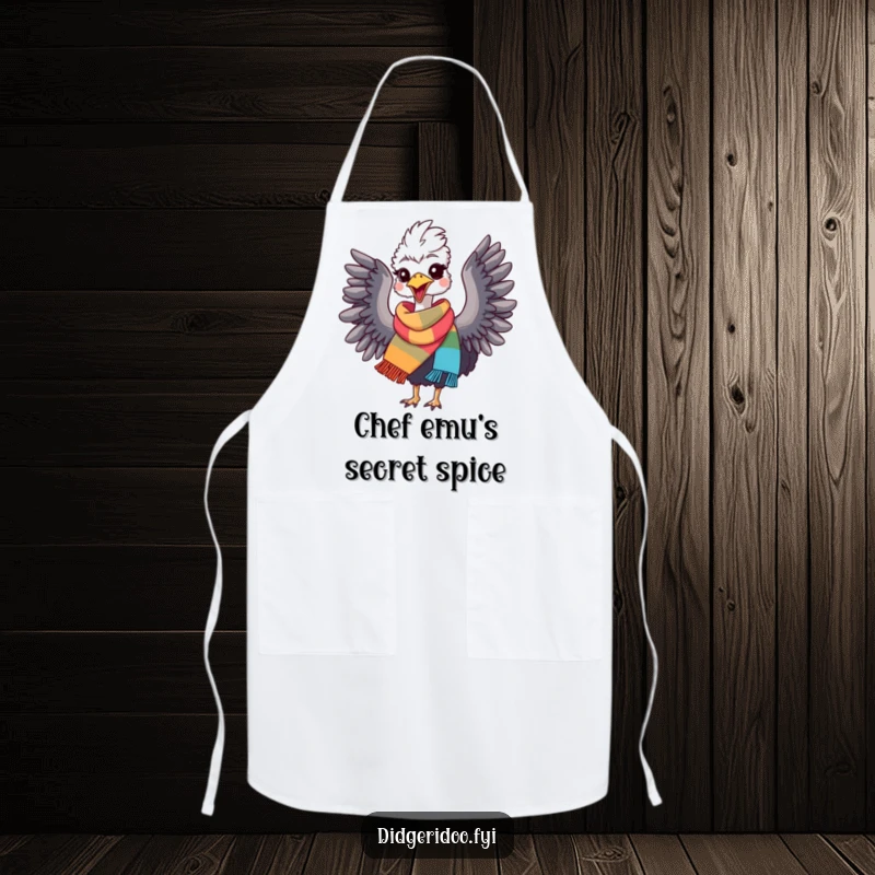 Funny Emu Apron: A cheerful emu in a scarf flapping wings while cooking, bringing delight to the kitchen. Excellent funny gift.