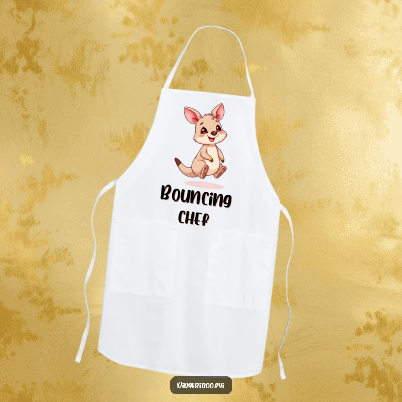 Funny Kangaroo Cub Apron showing a cute, grinning joey bouncing happily, perfect for a playful cook.