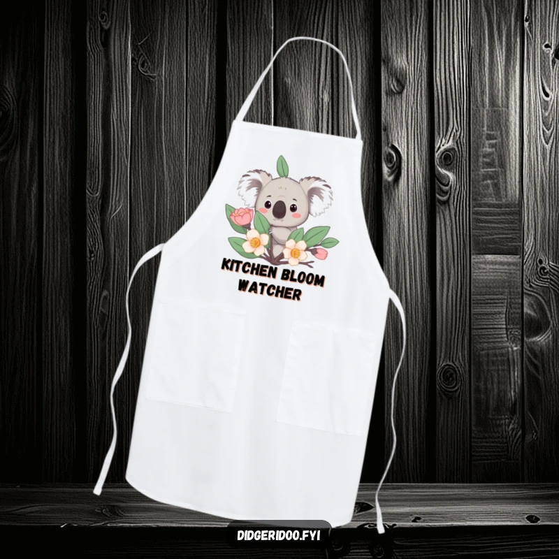 Funny Apron: A curious koala peeks from behind a stylized eucalyptus bloom, a fun and protective kitchen accessory.