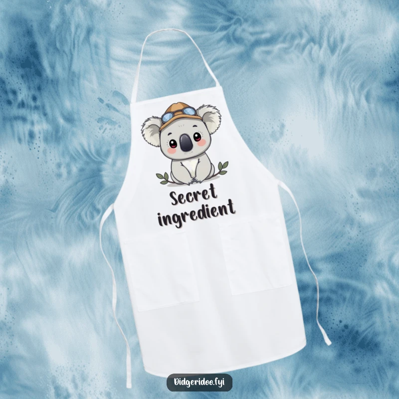 Funny koala in a detective hat, peeking while wearing it, printed on a functional apron, perfect for culinary investigations.