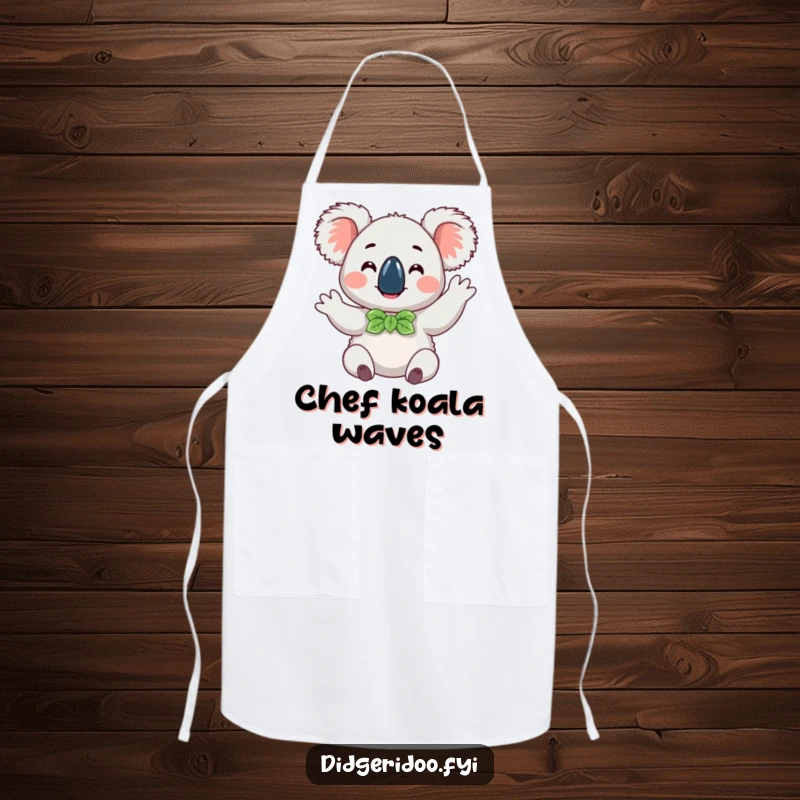 Funny happy koala wearing a eucalyptus leaf bow tie, doing a cheerful wave, a humorous and practical apron for kitchen fun.