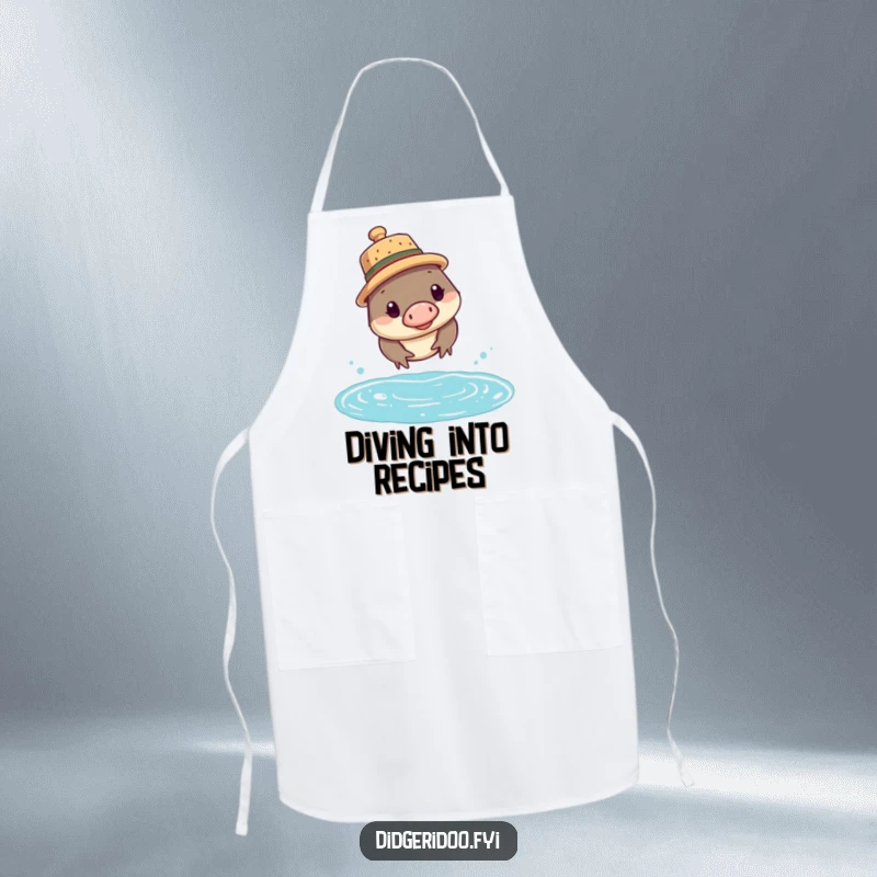 Funny platypus apron showing a platypus wearing a cork hat, diving into water, ready for kitchen fun.