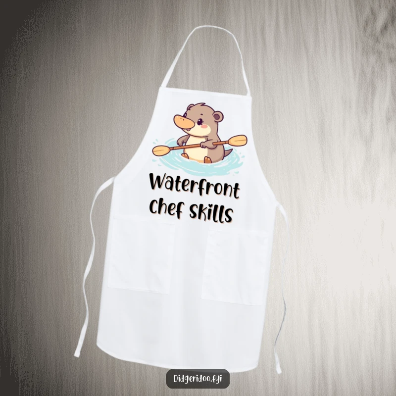 Funny platypus apron showing a determined character paddling energetically through stylized water, adding motivational Aussie flair to cooking.