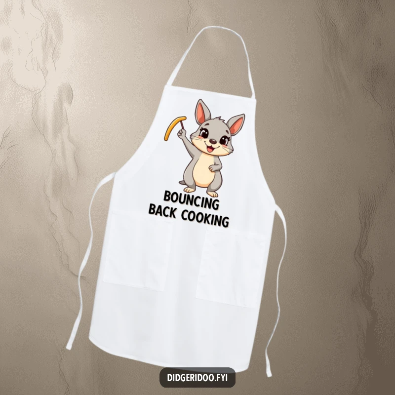Funny wallaby boomerang apron featuring a cheerful cartoon wallaby waving a boomerang, a humorous kitchen accessory.