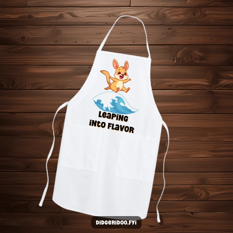 Funny apron featuring a cheerful wallaby artistically leaping over a stylized wave, making kitchen duties a joyous, humorous experience.