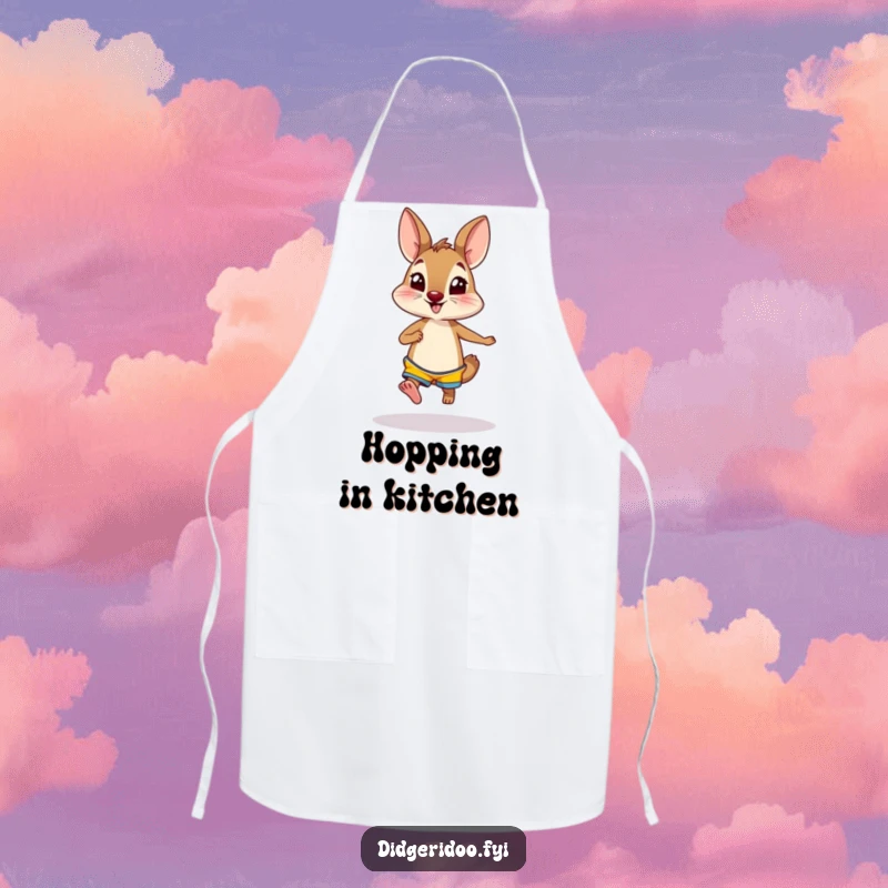 Funny wallaby wearing bright shorts, hopping excitedly on an apron, bringing playful energy and humor to the kitchen workspace.