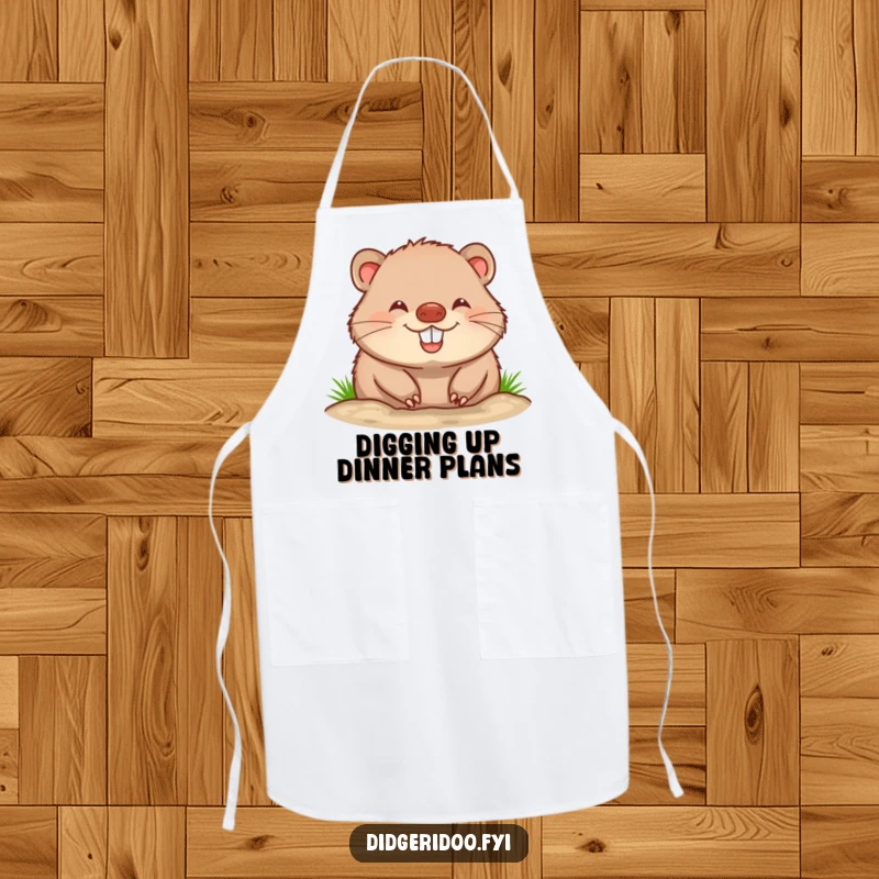 Funny wombat apron showing a cheerful chef wombat with a big grin, ready to cook up a storm with enthusiasm and charm.