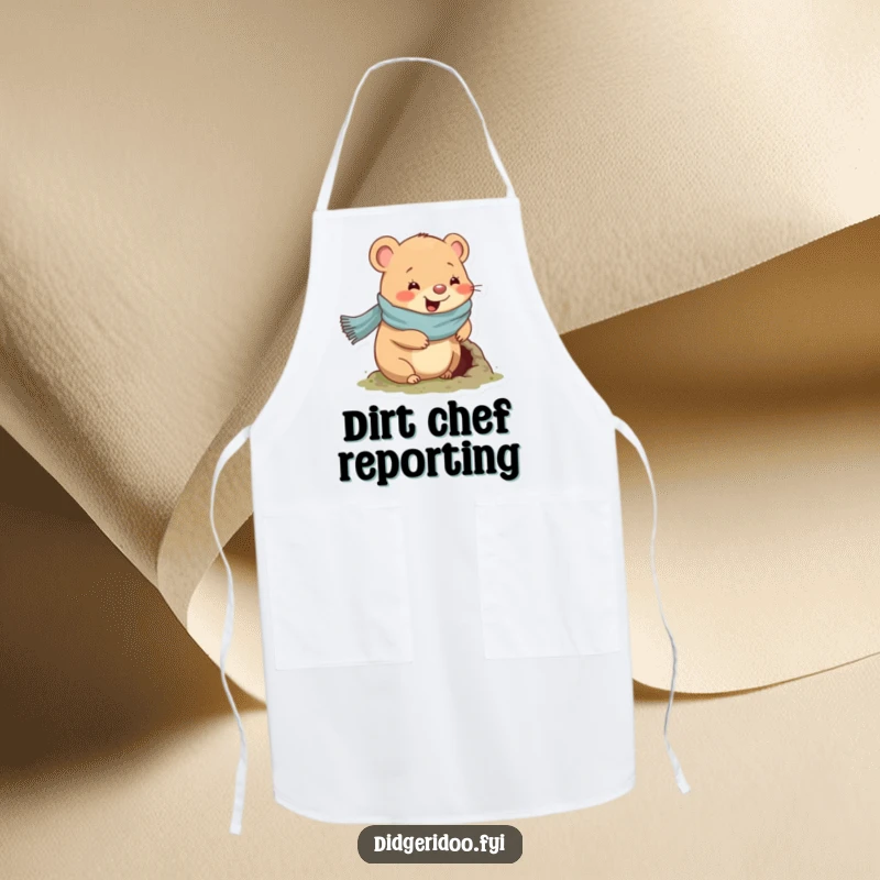 Funny wombat apron featuring a wombat in a scarf digging a hole, a stylish and amusing kitchen accessory.