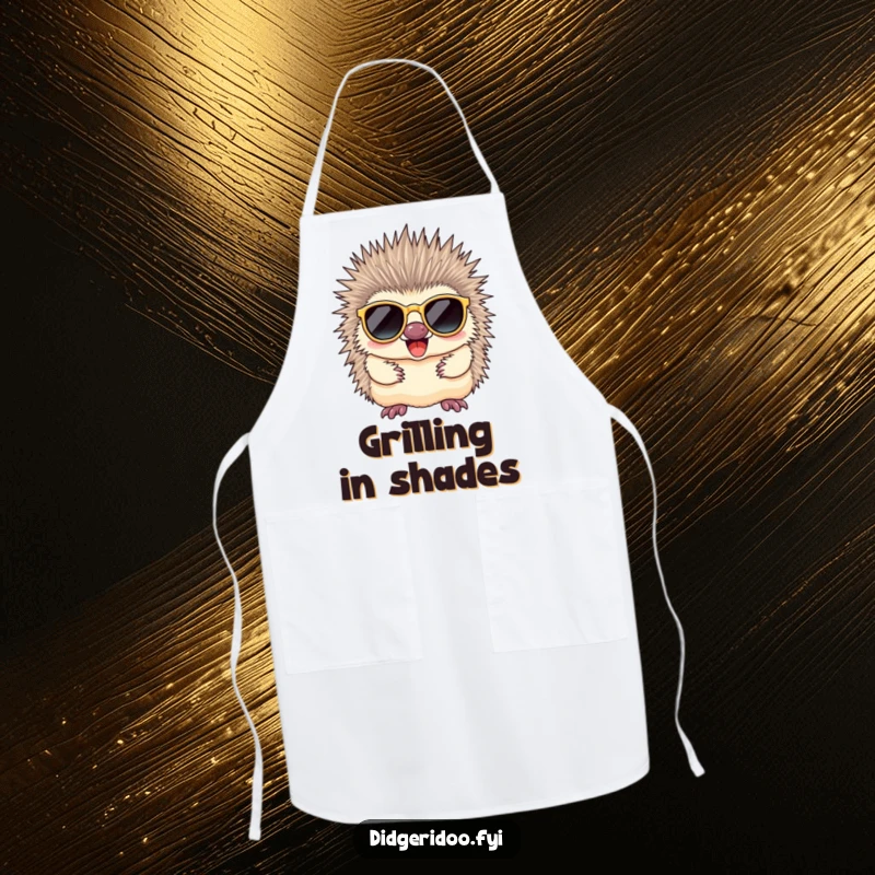 Funny echidna wearing shades, humorously posing in an apron, ready to cook with a cool and stylish flair.
