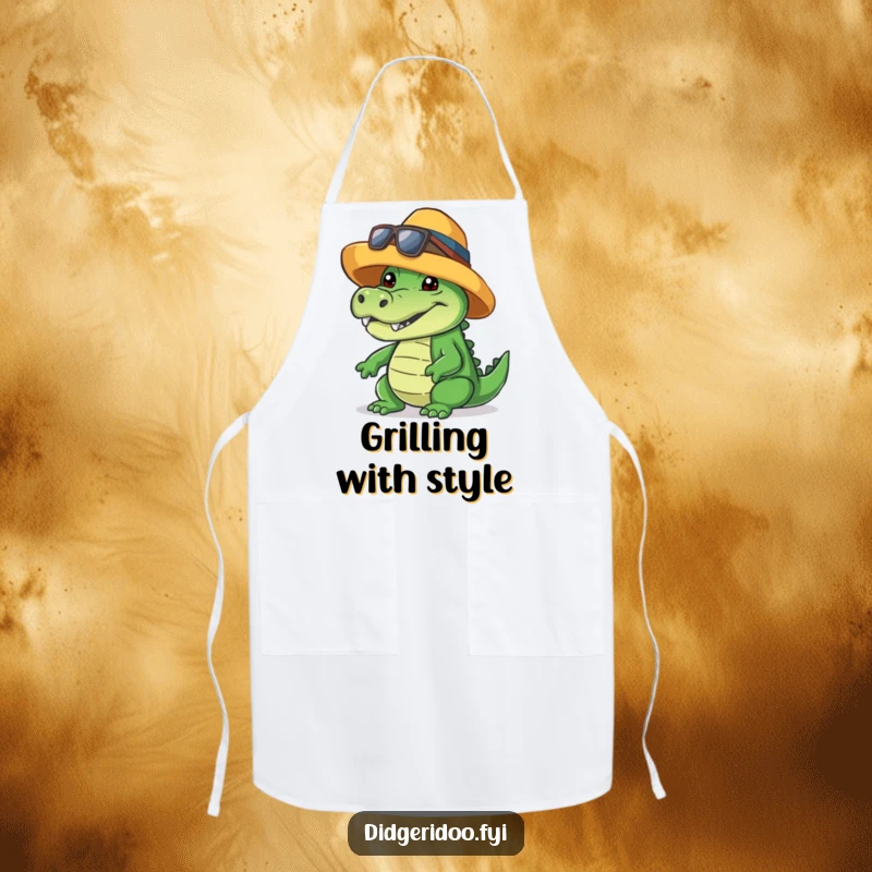 Funny crocodile apron, wearing a cool hat, giving a friendly toothy grin, a humorous and practical kitchen accessory.