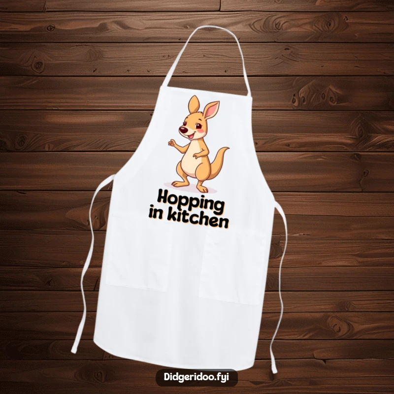 Funny smiling kangaroo character performing a silly little jig, on a cooking apron, adding dance fun to the kitchen.