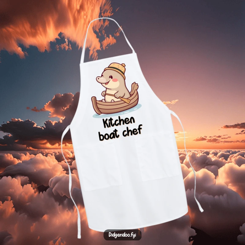 Funny giggling platypus wearing a tiny cork hat, paddling a miniature boat, a humorous and practical apron for kitchen fun.