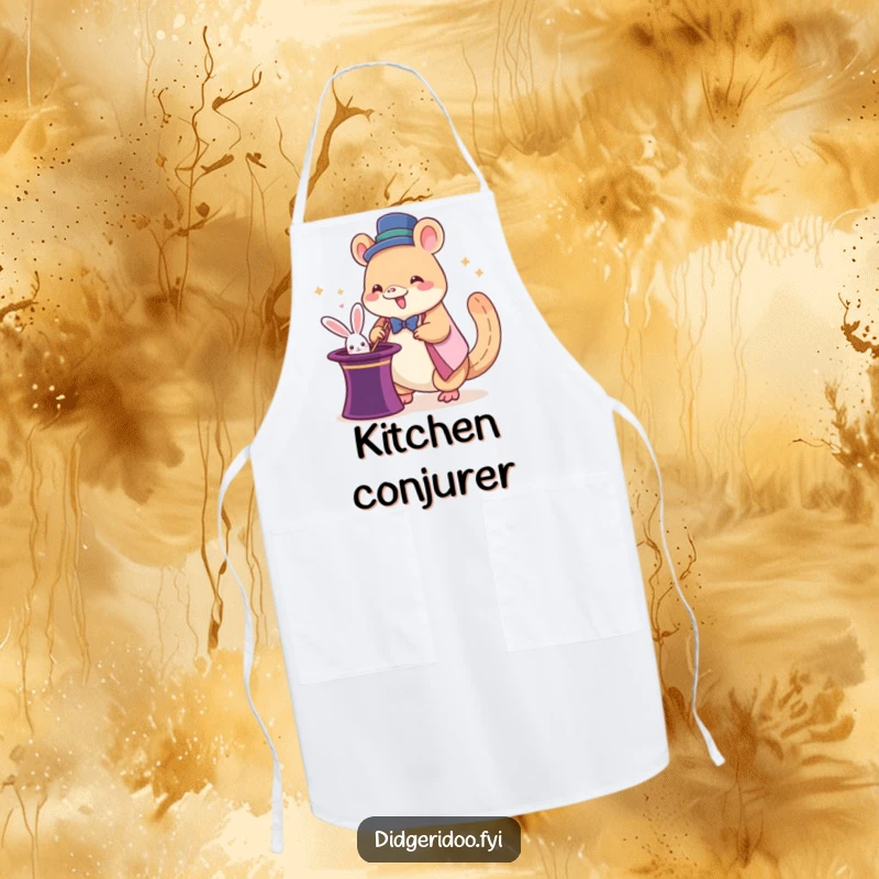 Funny platypus magician apron featuring a giddy cartoon platypus pulling a rabbit from a hat, a humorous kitchen accessory.