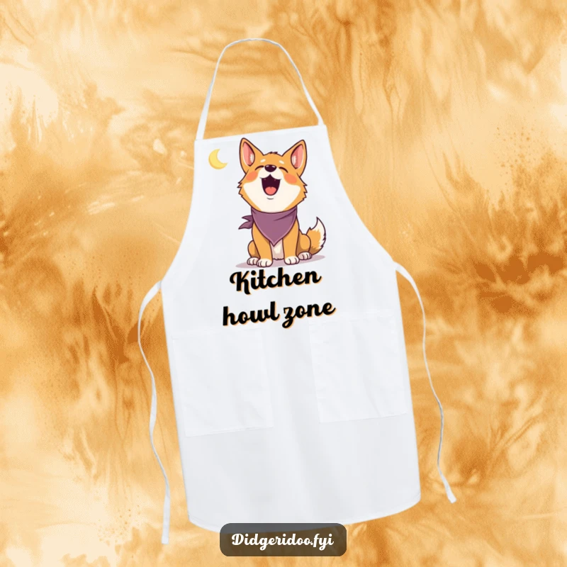 Funny Dingo Apron: A delighted dingo in a bandana howls at a tiny moon, a humorous and functional kitchen accessory.