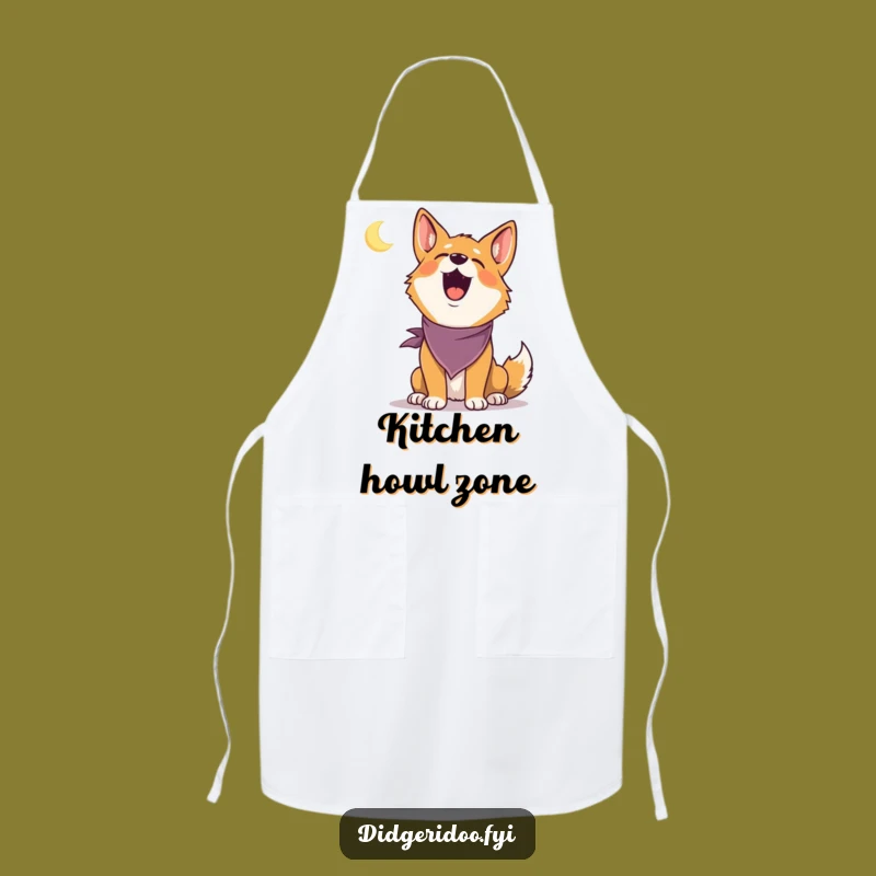 Funny Dingo Howling Apron: Kitchen apron with a delighted dingo bandana howling at moon, a useful funny gift.