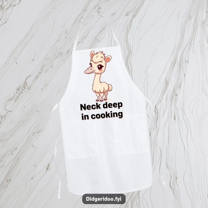Funny emu apron showing a playful bird stretching its long neck with a curious look, ready for kitchen adventures.
