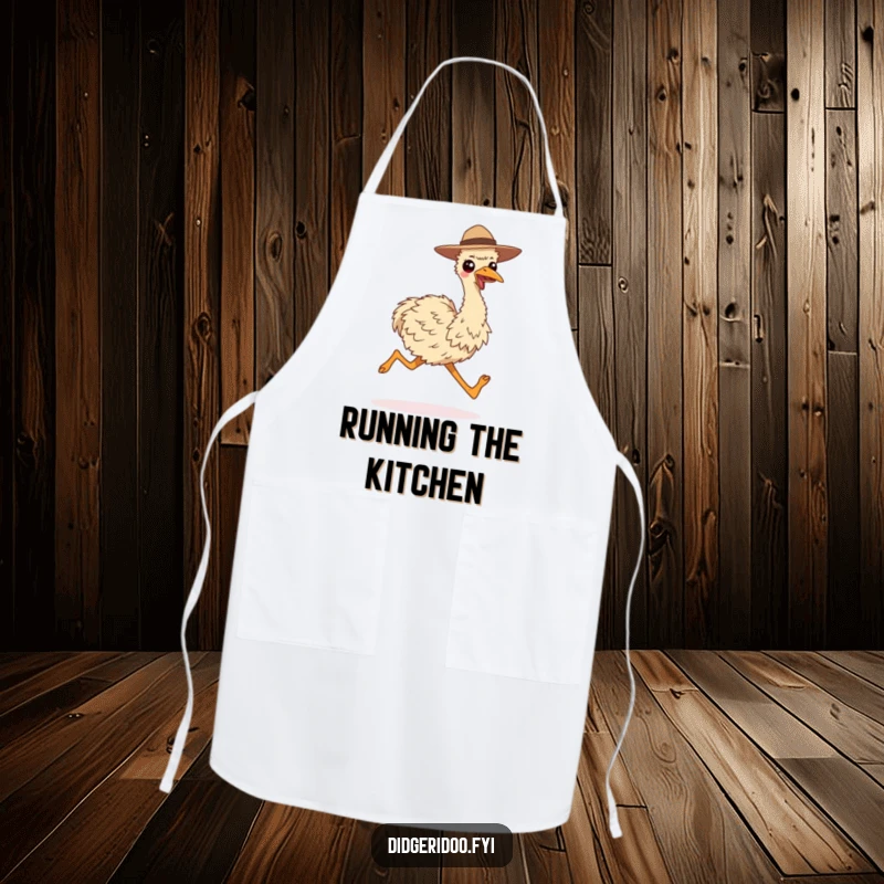 Funny apron showing a smiling emu wearing a hat, running with long strides, perfect for adding energy to cooking.