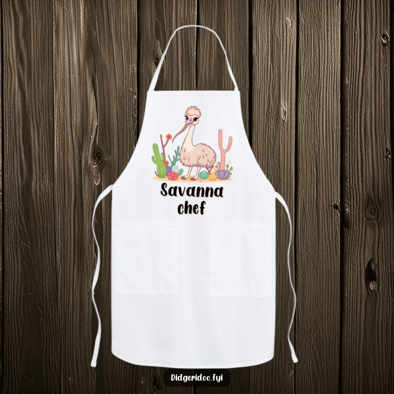 Funny Emu Apron showing a curious emu with a long neck weaving through desert flora, perfect for a curious cook.