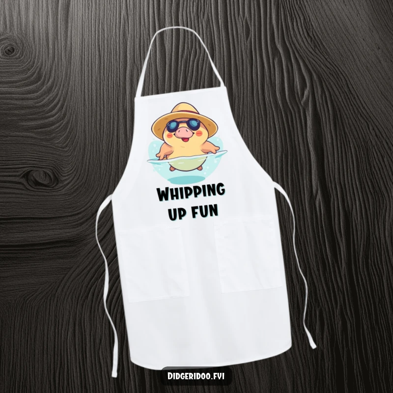 Funny Platypus Apron: a playful platypus in a sun hat dives, ideal for kitchen fun and protecting clothes with aquatic humor.