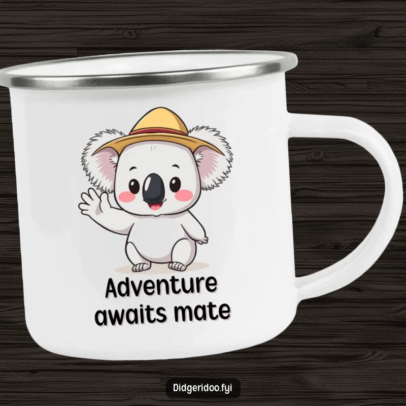 Funny Koala Camping Mug with a tiny Akubra hat waving hello, great for outdoor drinks and humorous Aussie vibes.