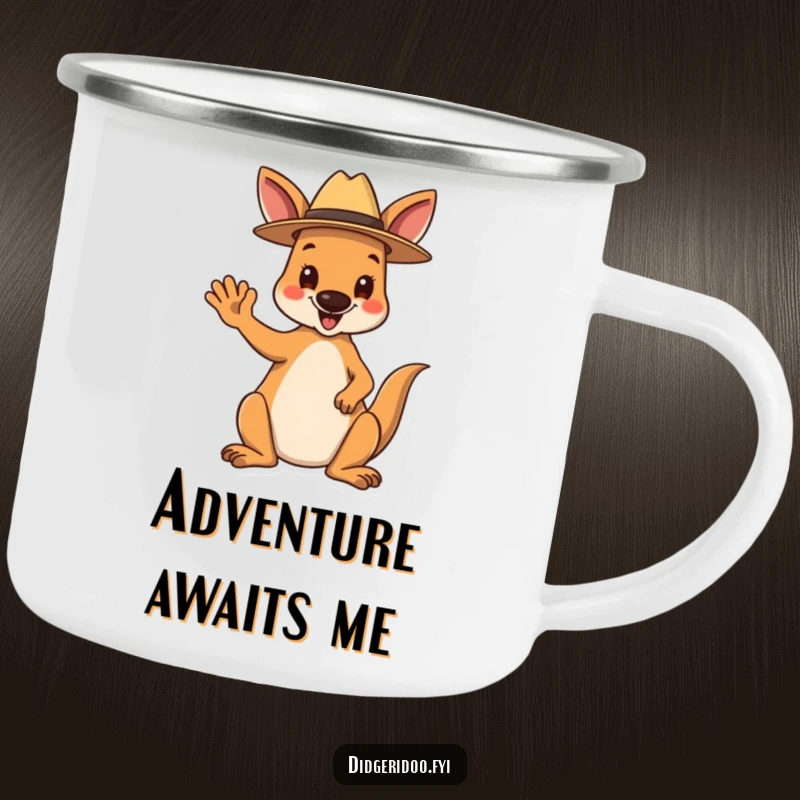 Funny Camping Mug: A happy kangaroo wearing a tiny Akubra hat waves hello, a sturdy and amusing outdoor mug.
