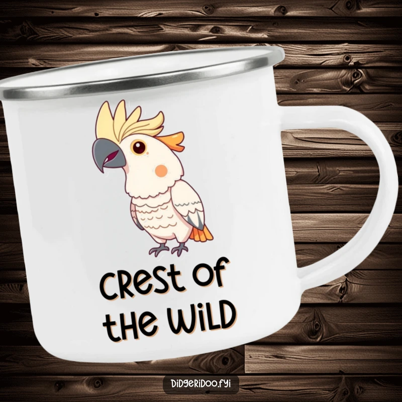 Funny cockatoo camping mug showing a proud bird with a bright crest, puffing its chest, ready for outdoor adventures with style.
