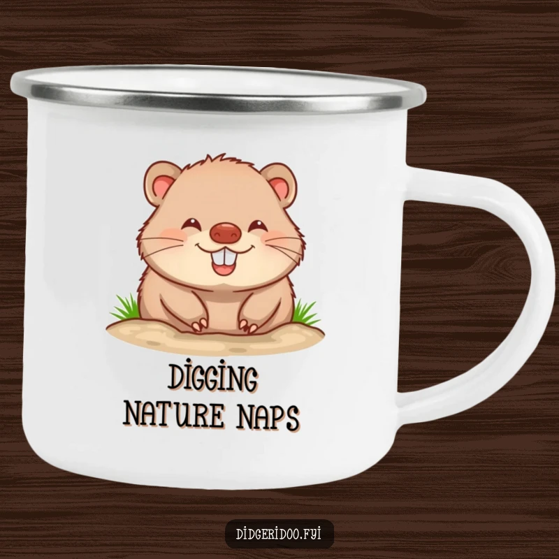 Funny wombat camping mug showing a cheerful wombat with a huge grin, ready for outdoor adventures and cozy campfire moments.
