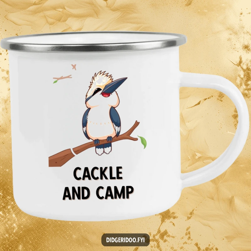 Funny Laughing Kookaburra Camping Mug: A kookaburra laughs heartily on a branch, perfect for enjoying drinks on the go.