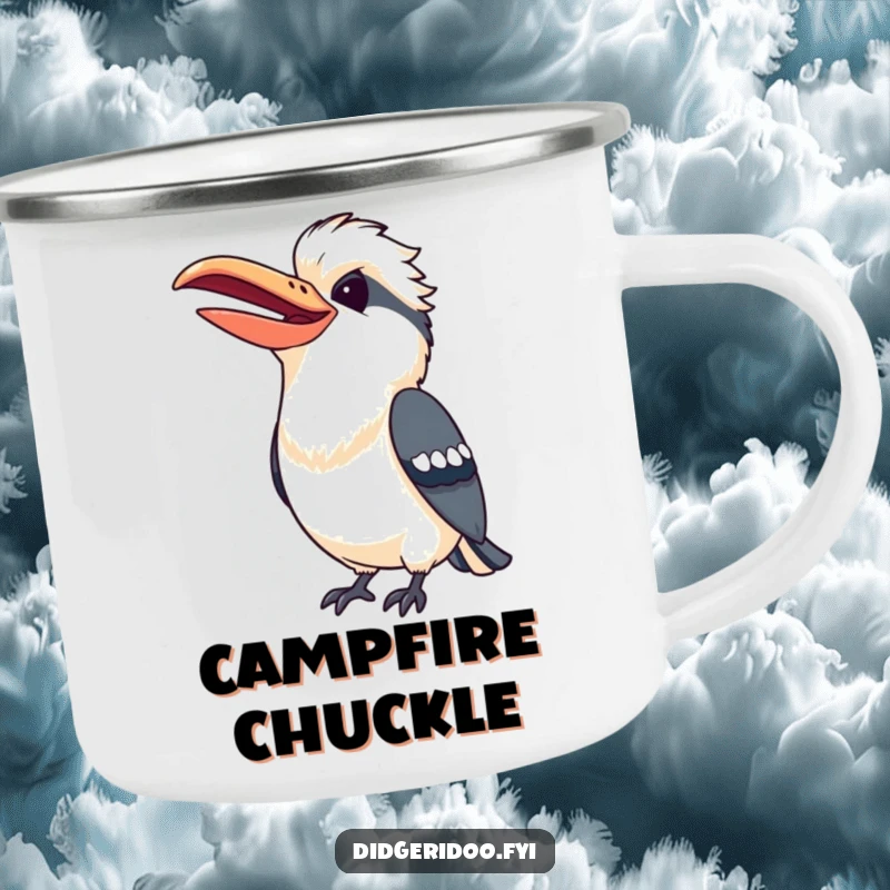 Funny Kookaburra Camping Mug showing a cheerful bird mid-laugh, ready for happy outdoor mornings.