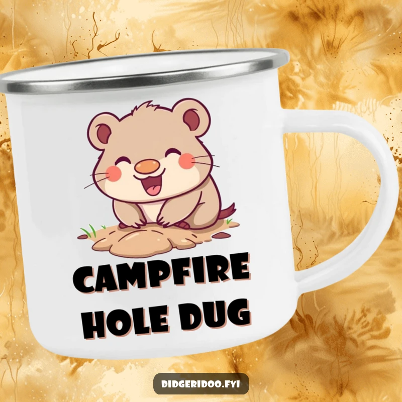 Funny Wombat Camping Mug with a happy grin, digging a small enthusiastic hole, great for outdoor drinks and humorous Outback vibes.