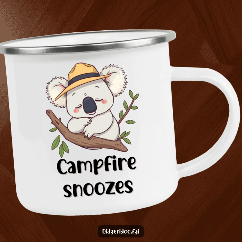 Funny Camping Mug with a smiling koala in an Akubra hat, snoozing on a branch, for outdoor use.