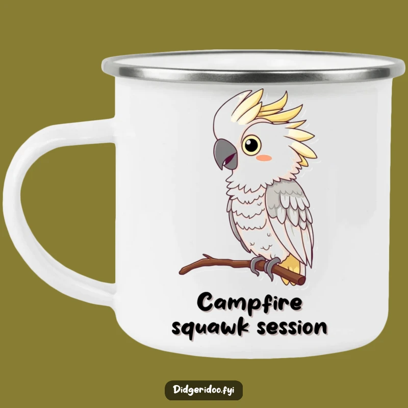 Funny Cockatoo Squawking Camping Mug: Enamel mug with a curious cockatoo feather boa squawking, a glamorous funny gift.