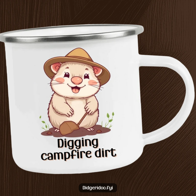 Funny camping mug with a cheerful wombat in a gardening hat, happily digging, perfect for outdoor enjoyment.