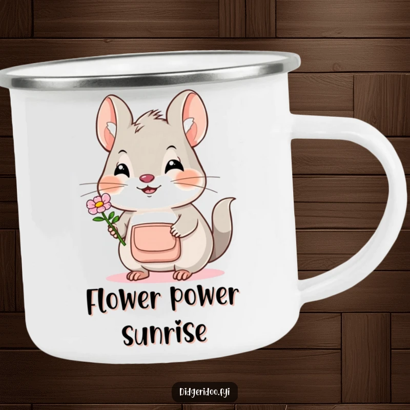 Funny Bilby Camping Mug: A smiling bilby with a pouch offers a flower, ready for outdoor adventures and sweet moments.