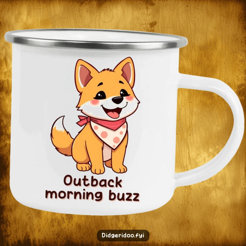 Funny and sturdy camping mug featuring a delighted dingo wearing a bandana and wagging its tail, perfect for outdoor enjoyment.
