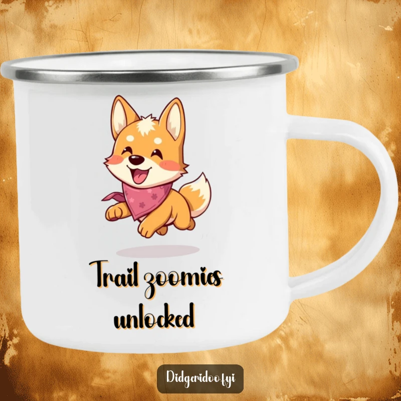 Funny Dingo Camping Mug: A playful dingo with a bandana chases happily, ready for outdoor adventures and a dose of humor.