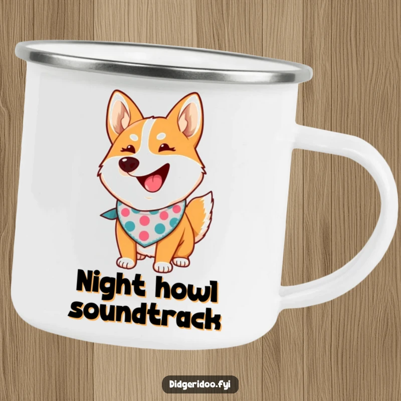 Funny dingo howling camping mug featuring a proud cartoon dingo wearing a bandana, perfect for outdoor adventures and humor.