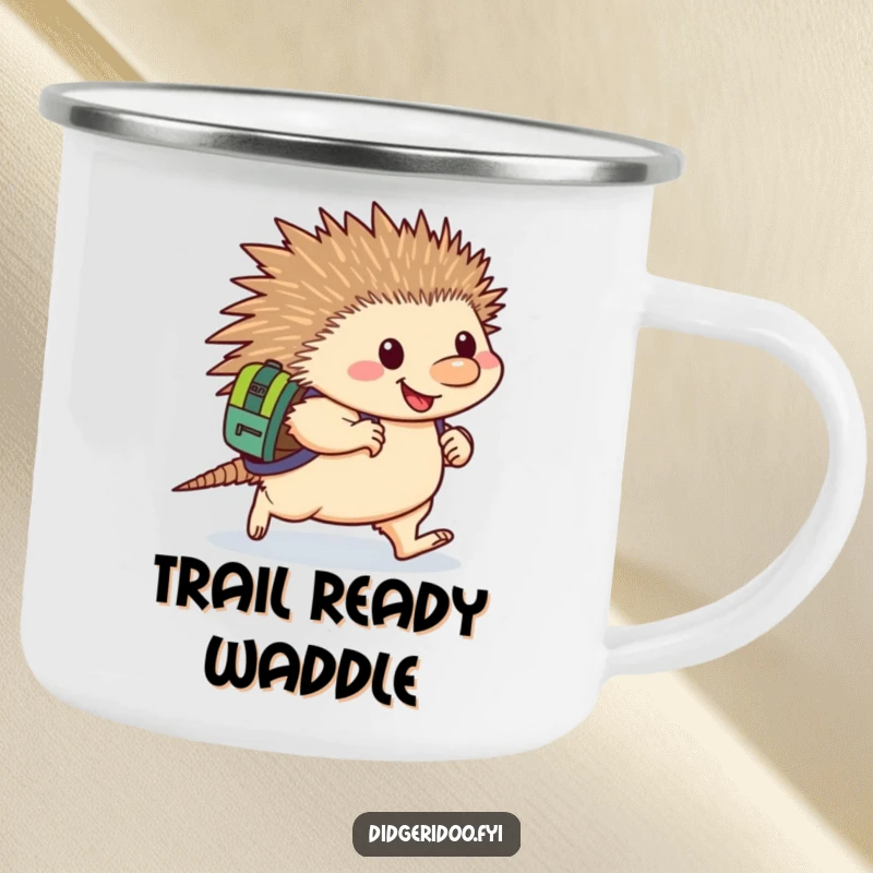Funny Echidna Camping Mug: A happy echidna with a backpack waddles determinedly, a humorous and durable mug for your outdoor journeys.