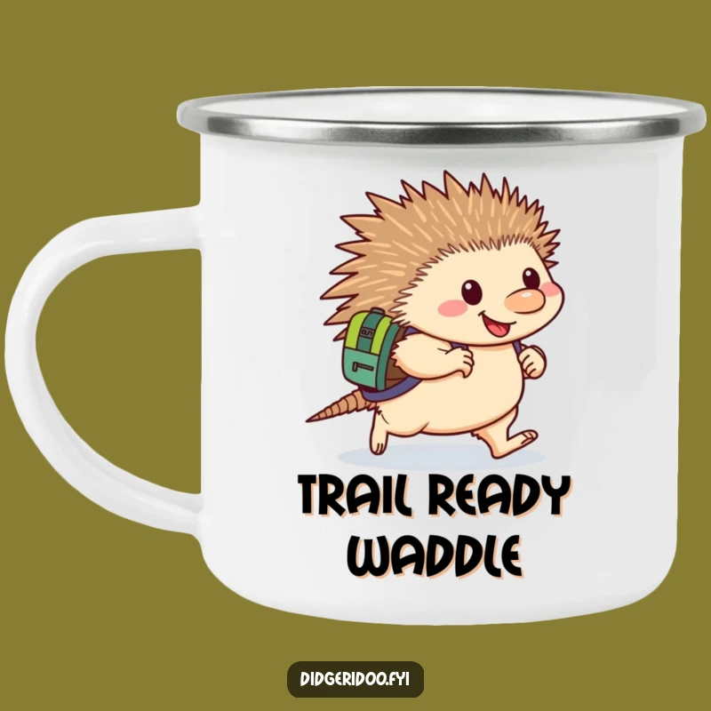 Funny Echidna Determined Camping Mug: Enamel mug with a happy echidna backpack waddling, an adventurous funny gift.